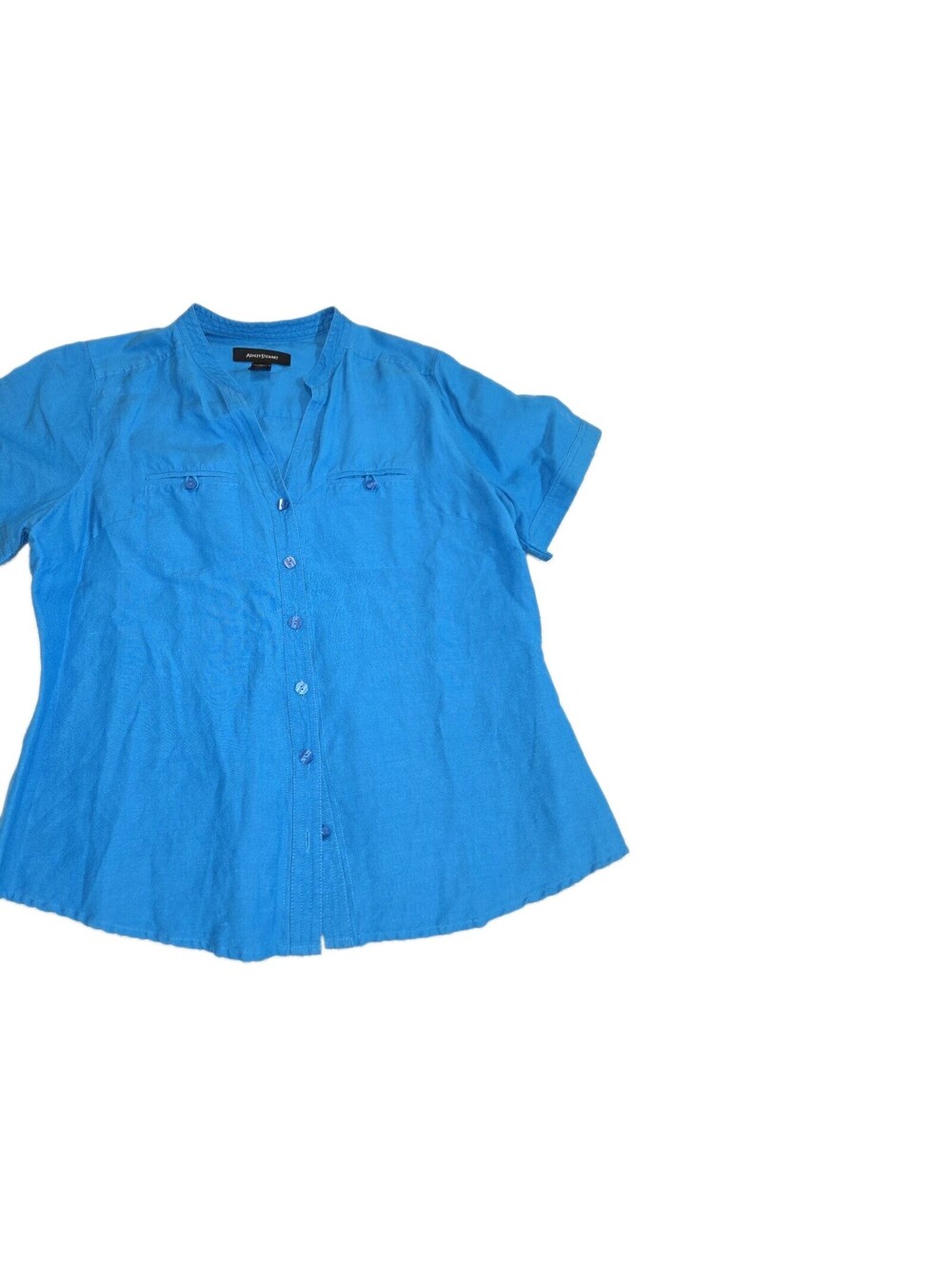 Ashley Stewart Top Linen Blend Short Sleeve Teal Button Up Sz 12w Basic Office